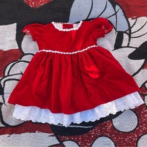 VTG HONEY BEE RED VELVET LACE ACCENT GIRLS HOLIDAY DRESS SIZE 18 MONTHS